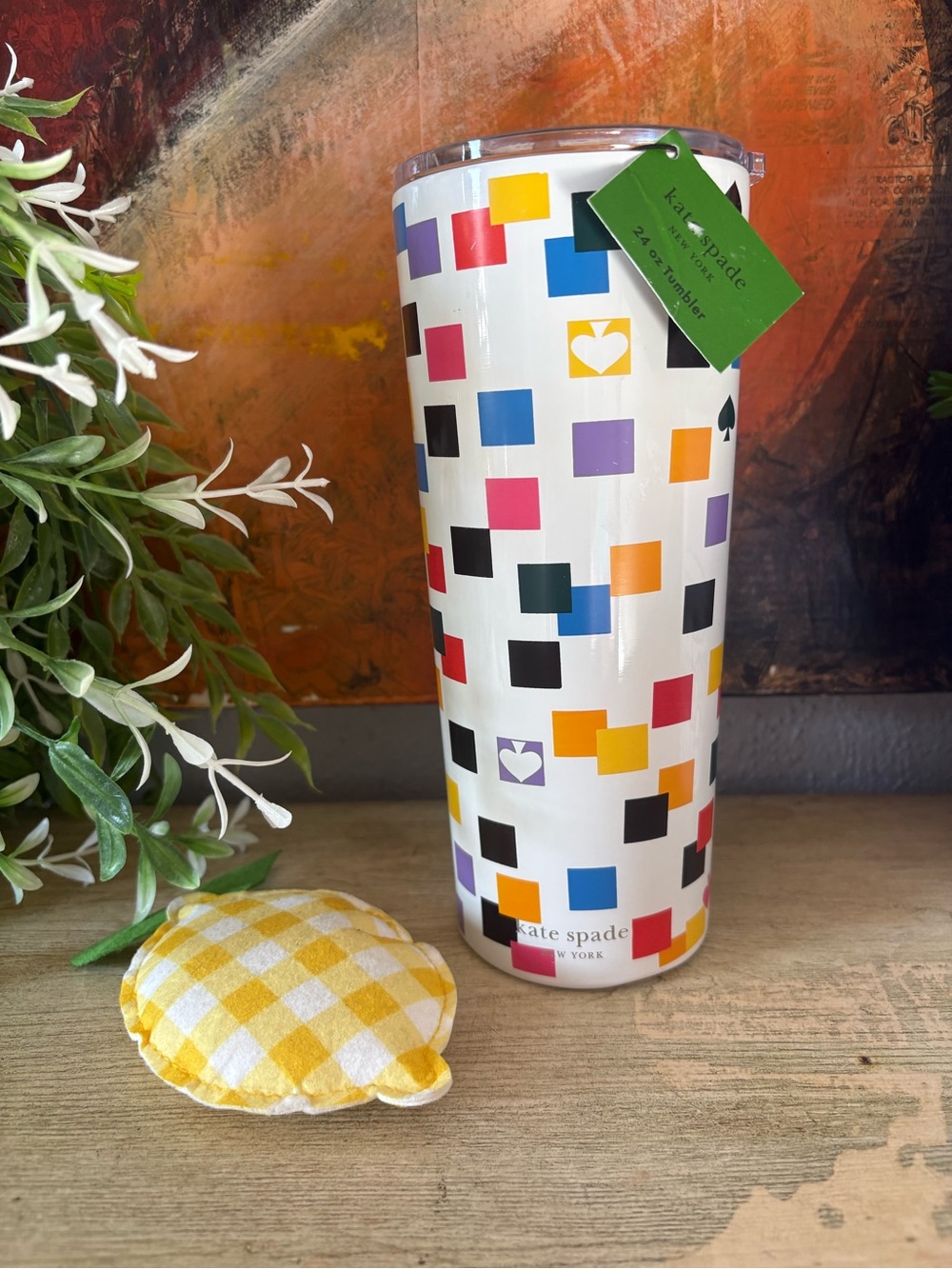 kate spade White Tumbler with Multicolor Square Print